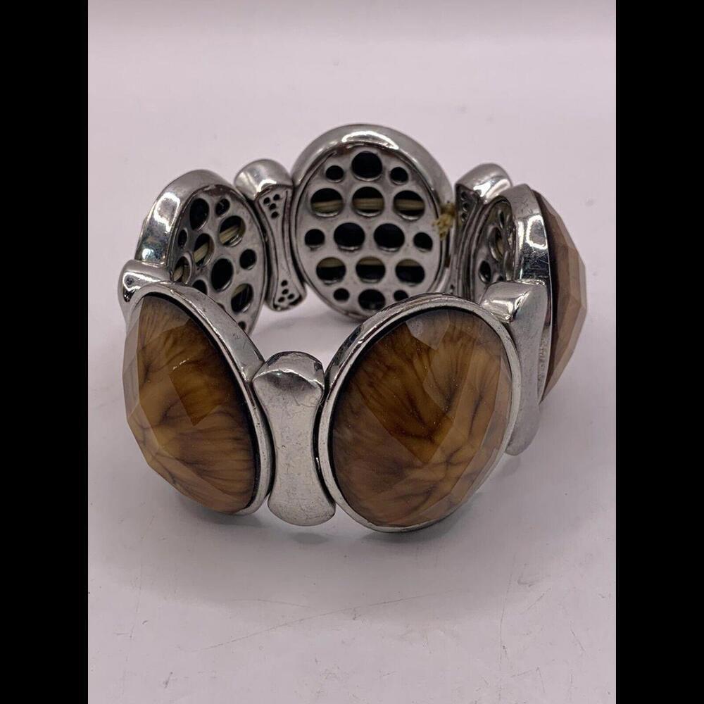 Tigers Eye Silvertone Metal Stretch Bracelet Chunky Fashion Costume Jewelry​​